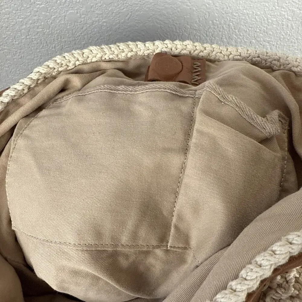 Lucky Brand Ivory Cotton Crochet Leather Trim Boho Hobo Shoulder Bag Purse Tote